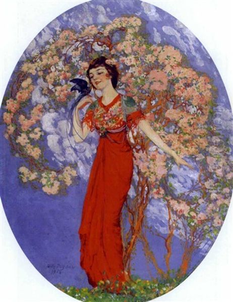 Woman In Red Standing Amid Orchard Blossoms Oil Painting by Willy Andrew Pogany