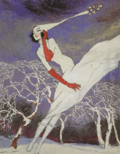 Woman In White Blown By Winter Winds Oil Painting by Willy Andrew Pogany