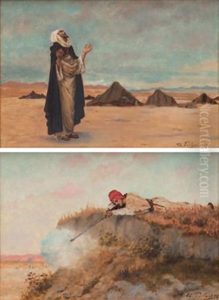 La Priere (+ Le Chasseur; Pair) Oil Painting by Theophile Ii Poilpot