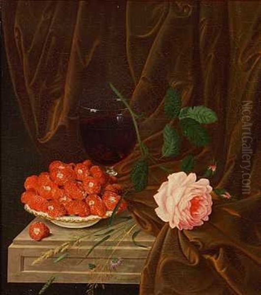 Opstilling Med Jordbaer I En Skal, Lyserod Rose Og Et Glas Rodvin Pa Et Bord Oil Painting by Louis Francois Poisson