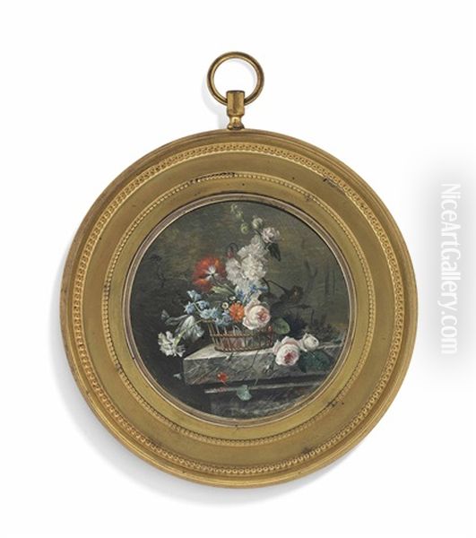 A Still-life Of Flowers In A Basket On A Stone Ledge; Landscape Background Oil Painting by Christiaen van Pol