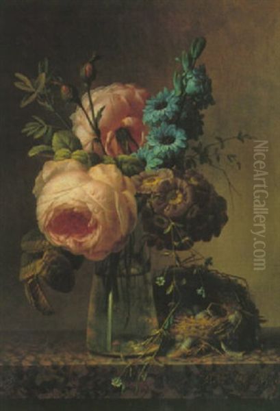 Still Life Of Roses, Primroses And Others Flowers In A Glass Vase, With A Bird's Nest Oil Painting by Christiaen van Pol