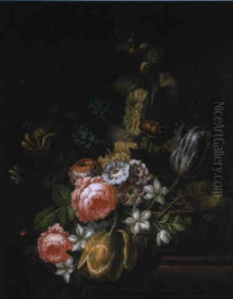 Bouquet De Fleurs Dans Une Corbeille En Osier Sur Un Entablement Oil Painting by Christiaen van Pol