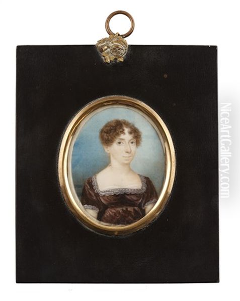 A Lady, Wearing Brown Dress With White Lace Trim To Her Decollete And Sleeves, White Slip, Her Brown Hair Curled And Upswept Oil Painting by Solomon Polack