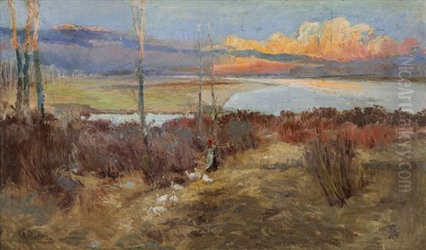 Paesaggio Con Contadina Oil Painting by Adolfo Polaroli