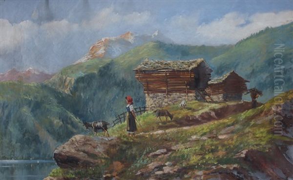 Baita Sul Lago Con Pastorella E Capre Oil Painting by Adolfo Polaroli