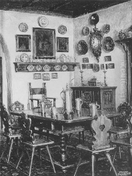 Interieur: Rustikale Stube Mit Zinngefasen Und Dekorierter Wand Oil Painting by Franz Poledne