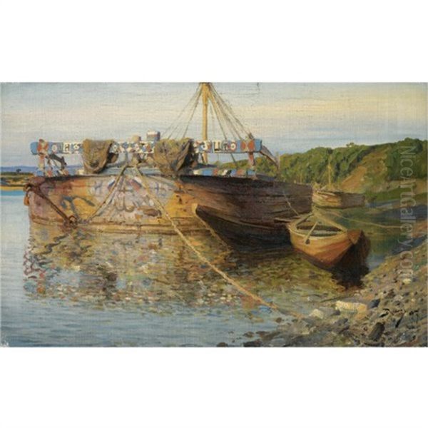 Barge On The River Oka Oil Painting by Vasily Polenov