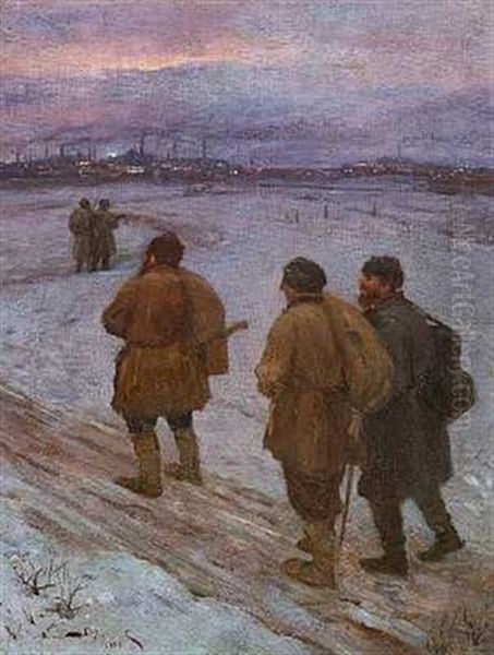 A Winter's Landscape With Vagrants Walking Towards A Big City Oil Painting by Vasily Polenov