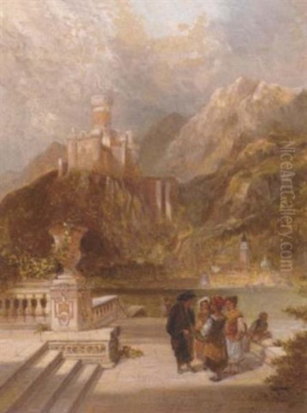 Figures On A Terrace Before An Italianate Lake, A Hilltop Castle Beyond Oil Painting by Alfred Pollentine