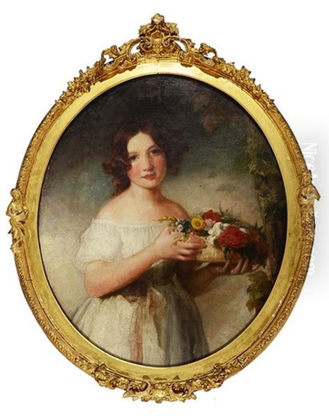Portrait Of A Young Girl Wearing A White Frock And Proferring A Basket Of Mixed Flowers Oil Painting by Albert Pollitt
