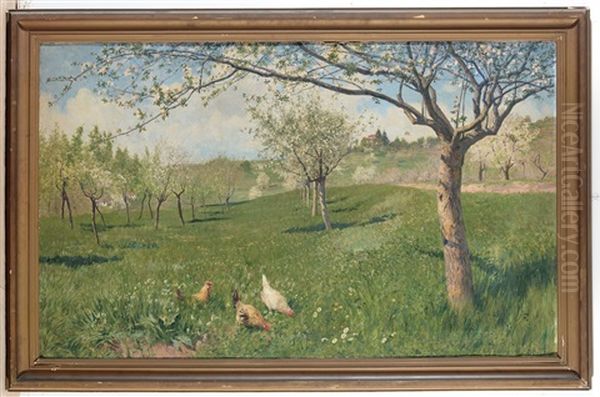 Paesaggio Con Galline Oil Painting by Carlo Pollonera