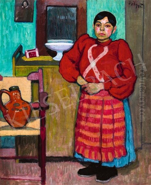 Girl In A Red Blouse In Green Room Oil Painting by Tibor Polya