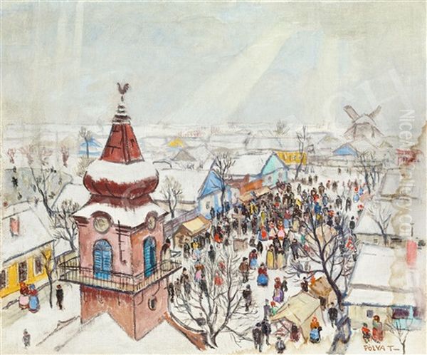 Market In Szolnok In The Winter Oil Painting by Tibor Polya