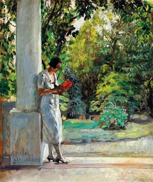 Young Woman Reading On The Verandah (szolnok) Oil Painting by Tibor Polya