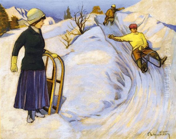 Tobogganers Oil Painting by Tibor Polya