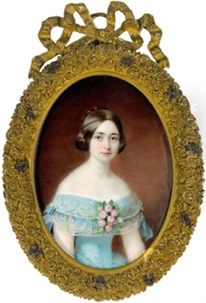 Bildnis Einer Jungen Frau In Turkisem Kleid Und Rosen Oil Painting by Pierre Paul Emmenuel de Pommayrac