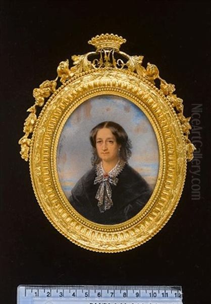Dona Maria Manuela Kirkpatrick, Countess Of Montijo, Wearing Black Dress With White Lace Collar Matching Bow Held With Ruby Brooch Oil Painting by Pierre Paul Emmenuel de Pommayrac