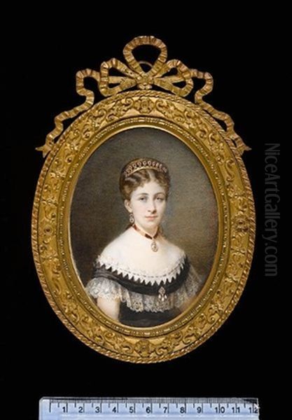 Portrait Of A Lady Wearing Black Dress With White Lace Trim (+ Portrait Of Gentleman With Black Coat, Black Waistcoat And White Chemise, 1874; Pair) Oil Painting by Pierre Paul Emmenuel de Pommayrac