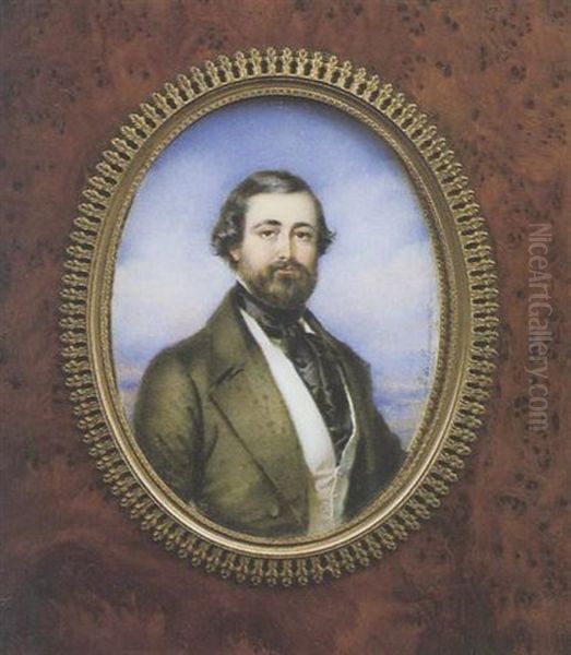 Portrait D'homme En Redingote Grise Et Gilet Creme.  Il Est Vu Sur Fond De Ciel Nuageux Oil Painting by Pierre Paul Emmenuel de Pommayrac