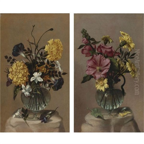 Vase Of Hollyhocks And African Marigolds (+ Vase Of French Marigolds, Morning Glory And Jasmine; Pair) Oil Painting by Antonio Ponce