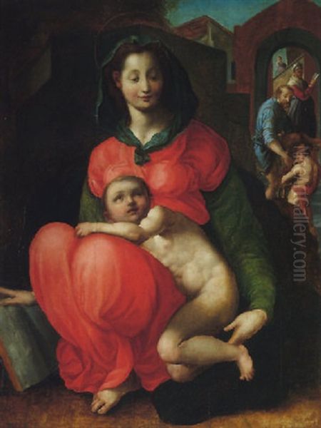 The Madonna And Child In A Landscape, Saint Joseph And The Infant John The Baptist Beyond Oil Painting by (Jacopo Carucci) Pontormo