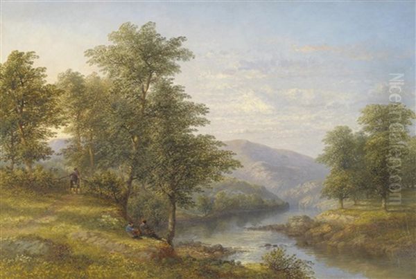 Summer River Landscape With Figures Fishing Beside Trees Oil Painting by James Poole