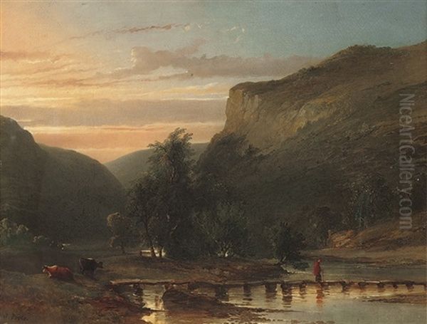 A Figure On A Foot Bridge Crossing A Gorge Oil Painting by James Poole