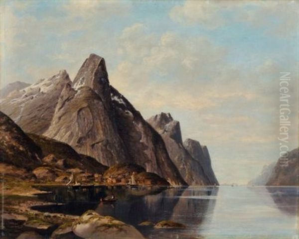 Norwegische Fjordlandschaft Mit Fischerbooten Oil Painting by Jacobus Johannes Van Poorten