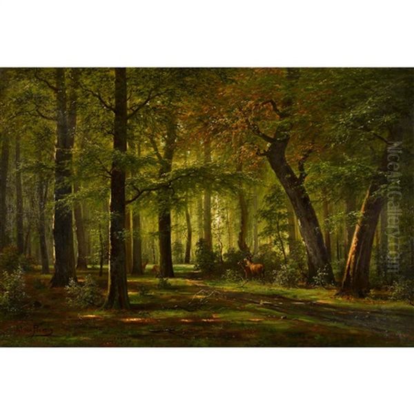 Waldlandschaft Mit Hirschen Oil Painting by Jacobus Johannes Van Poorten