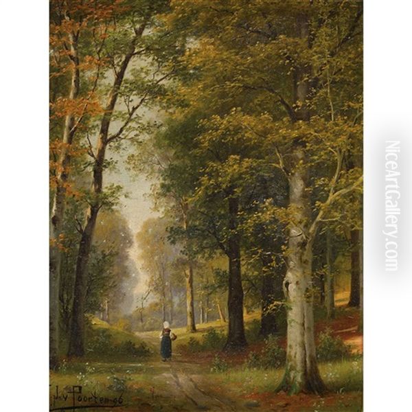 Sonnige Waldlandschaft Mit Bauerin Oil Painting by Jacobus Johannes Van Poorten