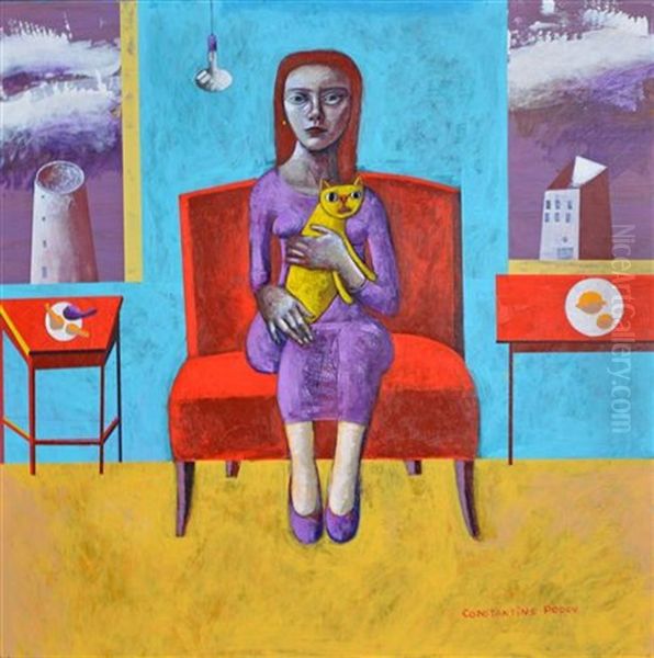 Girl With Yellow Cat, Portrait De Femme Au Bouquet De Fleurs, Born Strange, Collection Of (30) Works 933 Works) Oil Painting by Konstantin Popov