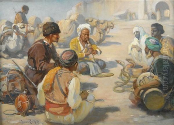 Orientalische Szene. Ein Schlangenbeschworer, Beduinen In Seinen Bann Ziehend Oil Painting by Jon Popp