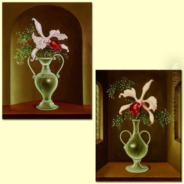 Orchid Blossom In Venetian Glass Vase (+ Another, Similar; Pair) Oil Painting by Stanilaus Poray