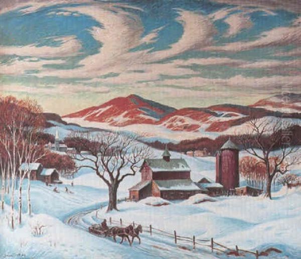 A Winter Landscape With A Horsedrawn Carriage, Vermont Oil Painting by Stanilaus Poray