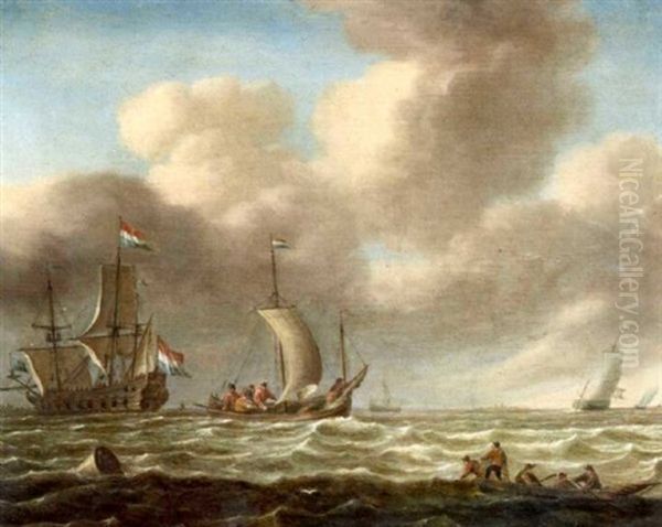 A Dutch Man O'war And Other Vessels In Choppy Waters Oil Painting by Jan Porcellis