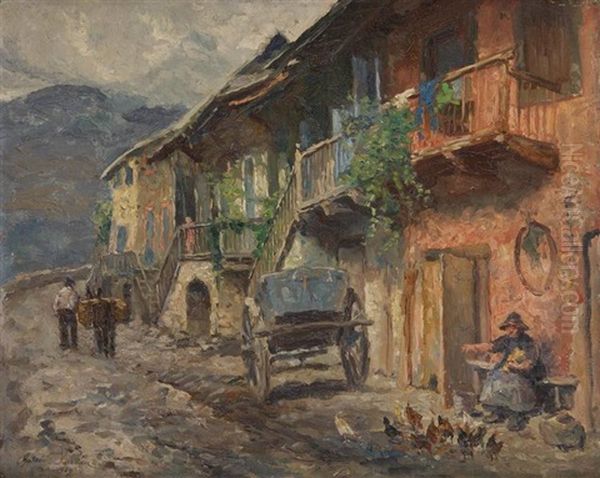Village De Montagnards Oil Painting by Oswald Poreau