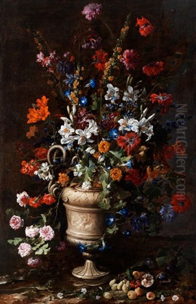 Grosses Stilleben Mit Blumenvase, Fruchten, Schlange Und Eidechse Oil Painting by Paolo Porpora