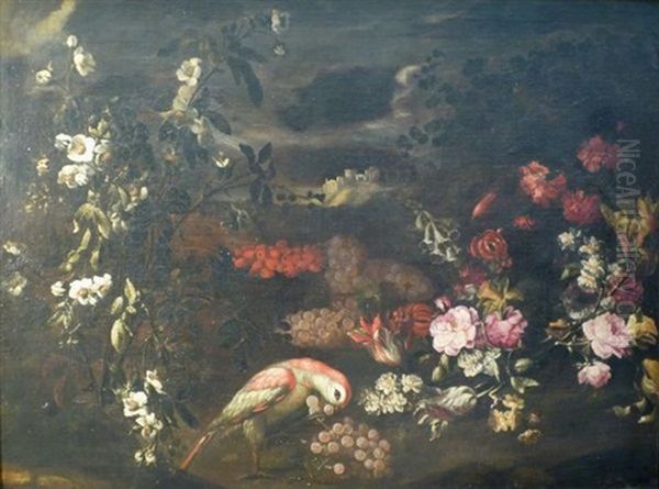 Nature Morte Au Vase Sculpte Et Orne De Fleurs (+ Nature Morte Aux Fleurs Et Aux Grappes De Raisins, Au Fond Un Paysage; 2 Works) Oil Painting by Paolo Porpora