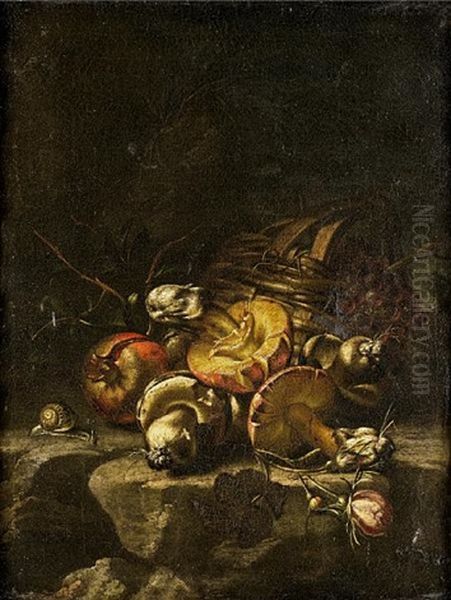 A Basket Of Grapes With Mushrooms And A Snail On A Stone Ledge Oil Painting by Paolo Porpora