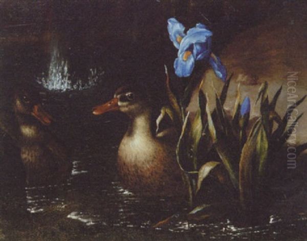 Ducks On A Pond With Irises And A Toad On The Bank Oil Painting by Paolo Porpora