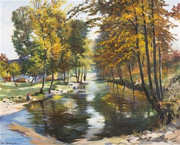 Sunny Autumn Day By The Waterside Oil Painting by Gustav Pors