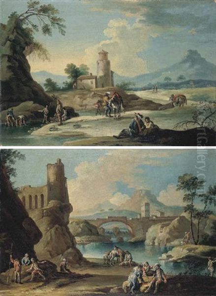 Sosta Di Soldati Presso La Riva Di Un Fiume (+ Sosta Di Viandanti Con Ponte Di Pietra In Lontananza; 2 Works) Oil Painting by Andrea Porta