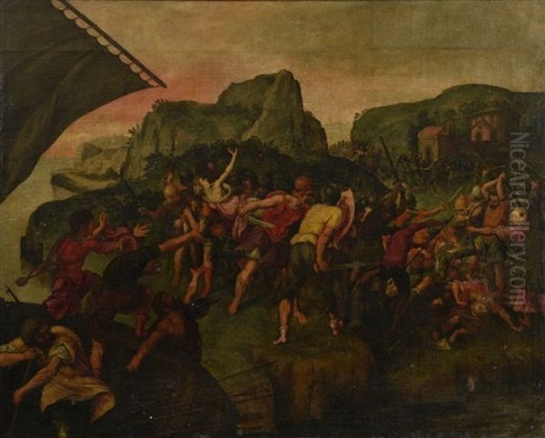 L'enlevement Des Sabines Huile Sur Toile 134 X 169 Cm (restaurations Anciennes Et Accidents Oil Painting by Giuseppe della Porta Salviati