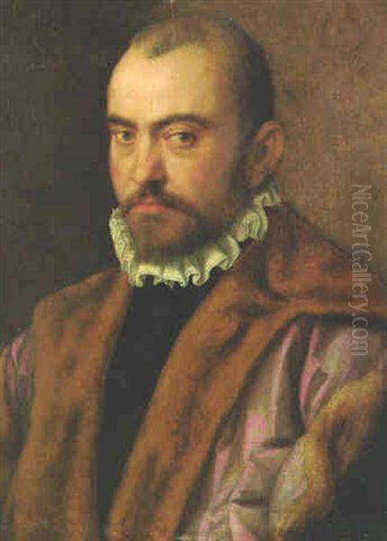 Portrait Of A Gentleman, Bust-length, Wearing A Fur-lined Cloak Oil Painting by Giuseppe della Porta Salviati