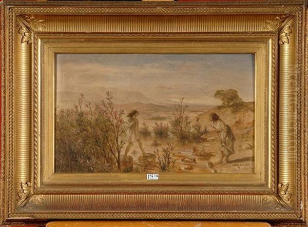 Fillettes Traversant La Riviere En Sicile Oil Painting by Jean-Francois Portaels