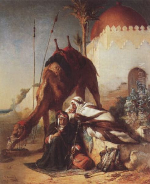 La Halte Devant La Porte A Damas Oil Painting by Jean-Francois Portaels