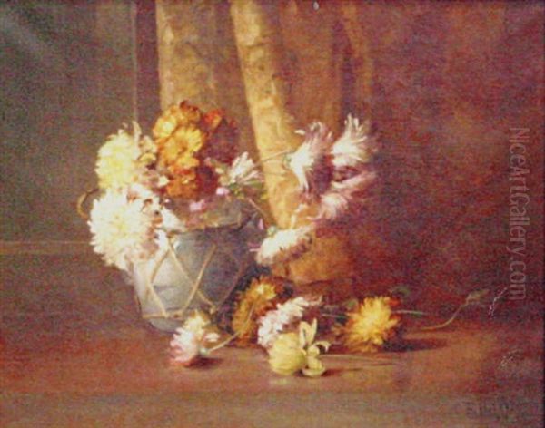Still Life With Pink And Yellow Chrysanthemums In A Jar Oil Painting by Charles Porter