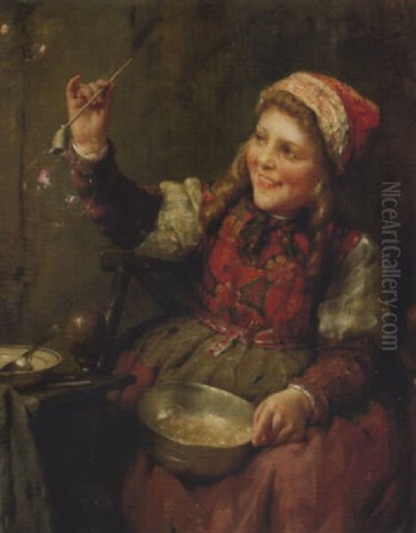 Jeune Zelandaise Soufflant Des Bulles De Savon Oil Painting by Edward Antoon Portielje