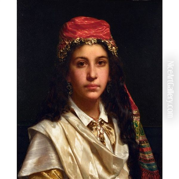 Jeune Femme A La Riche Coiffe Rouge Oil Painting by Jan Frederik Pieter Portielje